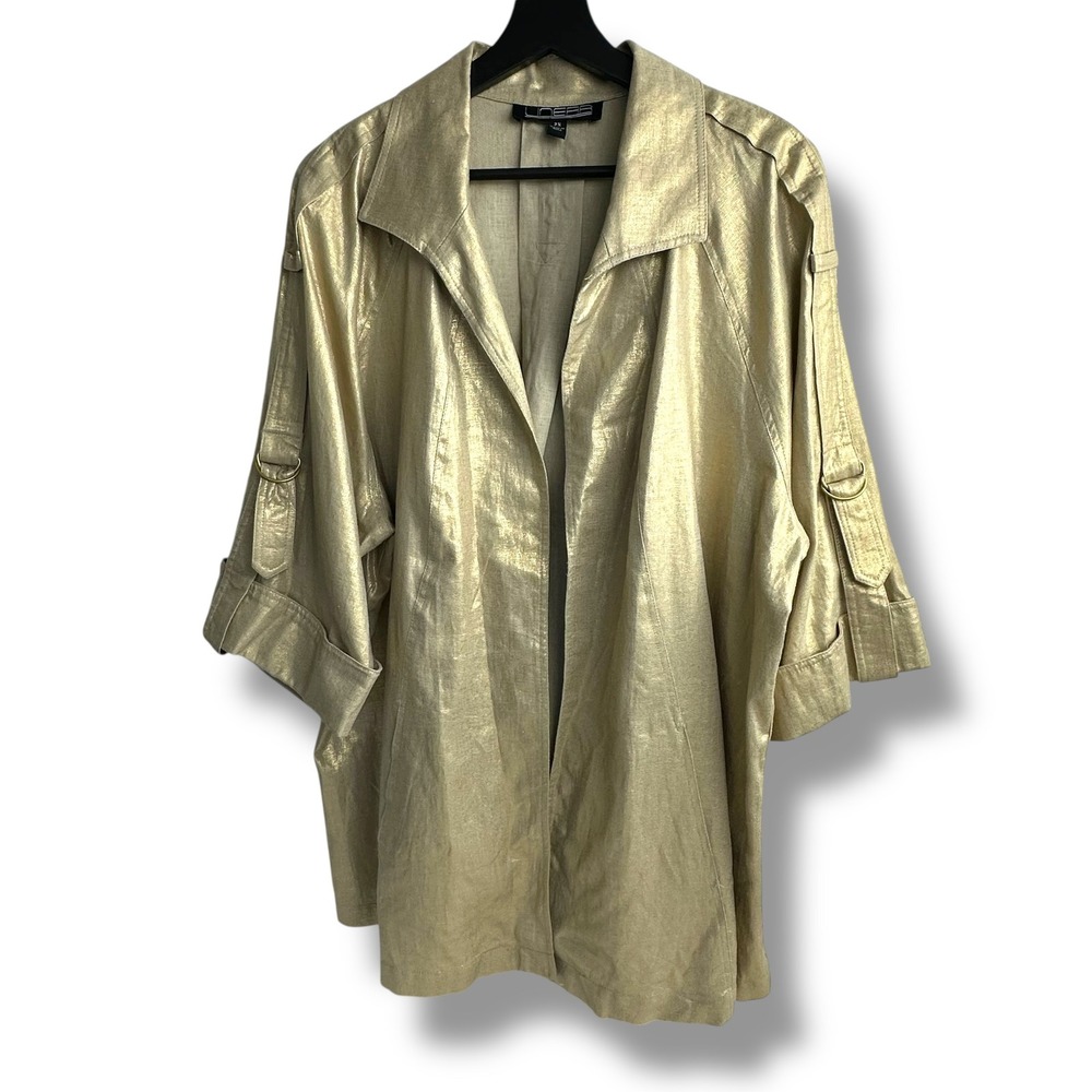 Linear Gold Metallic Linen Blend Open‎ Front Jacket Plus 2X 3/4 Sleeve